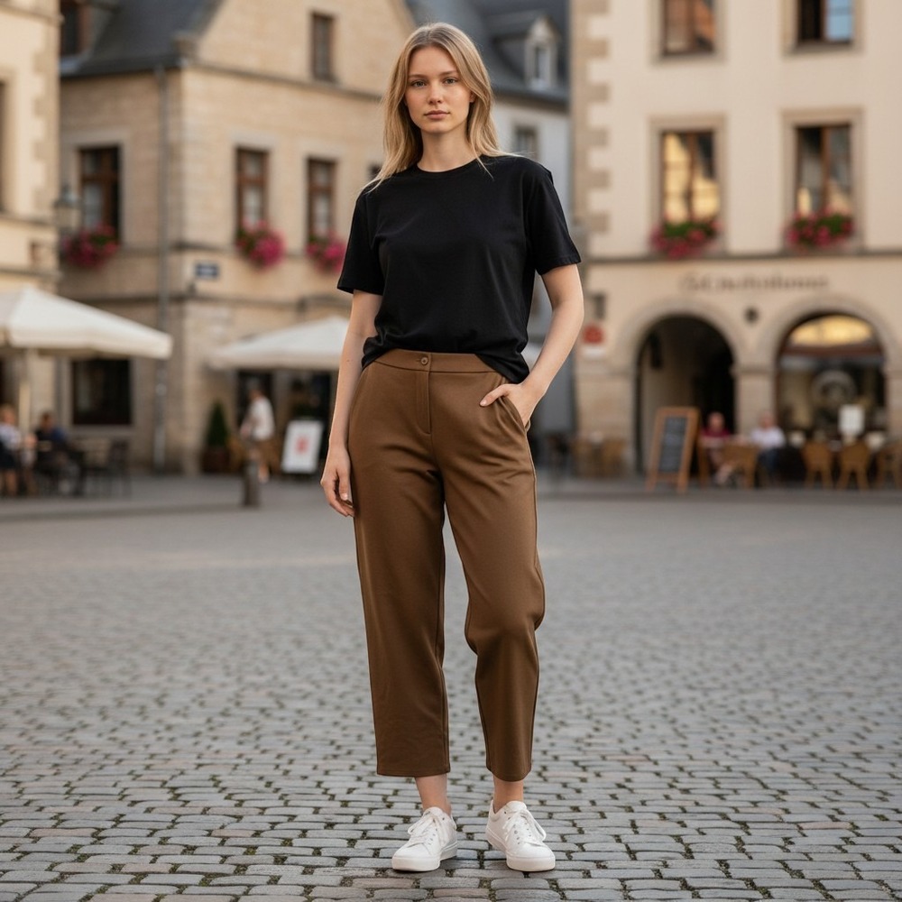 Eileen Fisher Ponte Brown Lyocell Blend Tapered Ankle Pants Size L Elastic Back